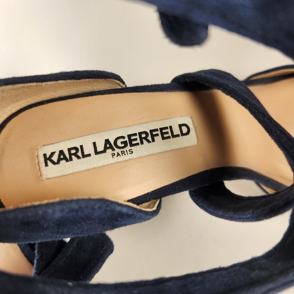 KARL LAGERFIELD Racha Shoe Womens 6 EU 36 Navy Block Heel Suede Event Date Nite - Picture 12 of 12